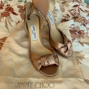 Jimmy Choo satin peep toe heals in champagne/light caramel. Size 37.5 or US 7.5